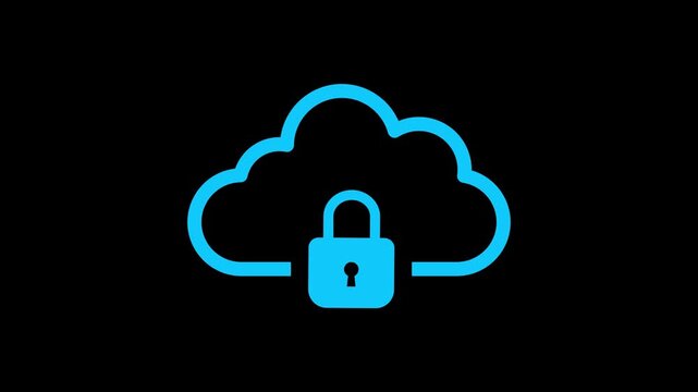 Animated cloud with lock icon on black background. cloud data protection concept. cyber security icon animation. Cloud lock safe storage indicator highlights encrypted data.
