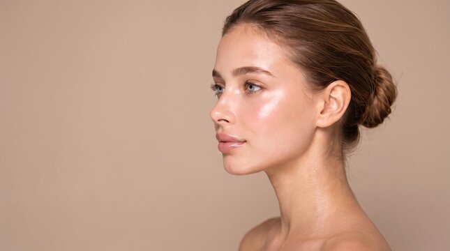 Side profile of a young woman with glowing skin and natural makeup on a neutral background. Ideal for beauty and skincare advertise.