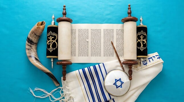 Jewish religious items including a torah scroll, shofar, tallit, and kippah on a blue background, representing traditional symbols of judaism