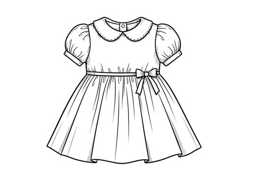 Fashionable baby girls dress sketch with puffed sleeves Peter Pan collar and bow belt detail isolated on white background.