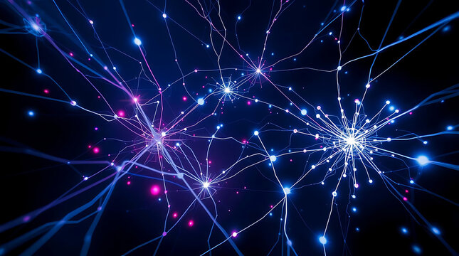 Abstract neural network connections glowing with blue and pink light on a dark background