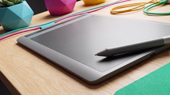Close Up of Digital Graphic Drawing Tablet with Stylus Pen and Colorful Stationery on Wooden Desk with Copy Space