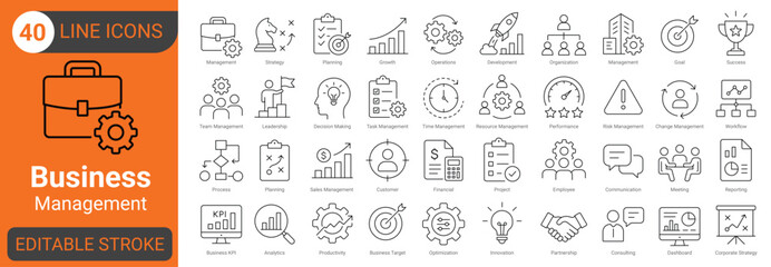 Business management line icon set with strategy, planning and editable stroke © Outline Icons