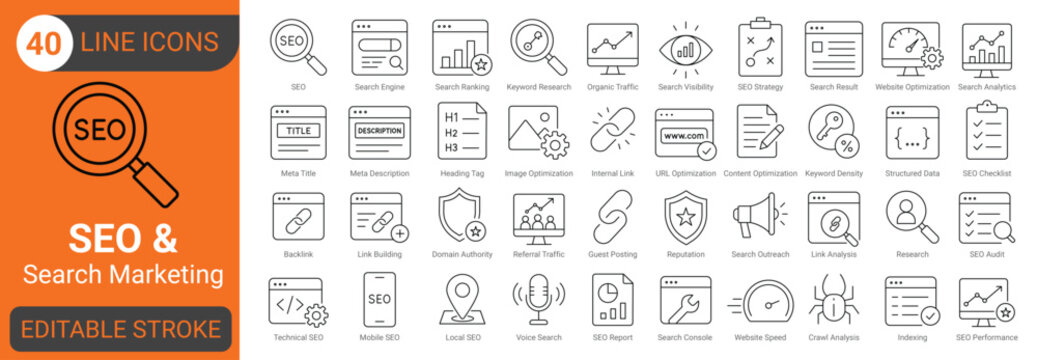 seo and search marketing line icon set with search engine, keyword research, ranking, organic traffic, backlinks, optimization, analytics and strategy. editable stroke.