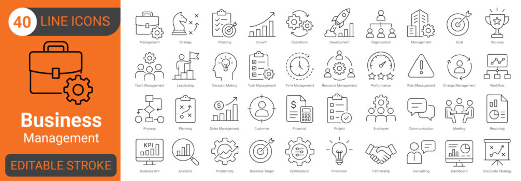 Business management line icon set with strategy, planning and editable stroke