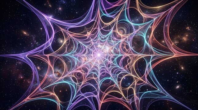Glowing intricate web of neon cosmic threads expanding through deep dark infinite space creates a vibrant abstract digital artwork with complex symmetrical patterns and light