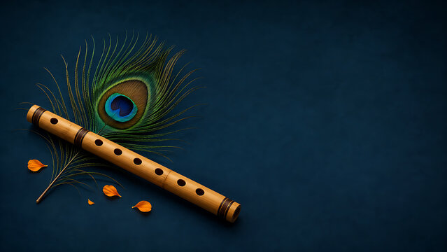 Krishna janmashtami symbolic lord krishna flute and peacock feather arranged on dark blue background with orange flower petals and generous copy space