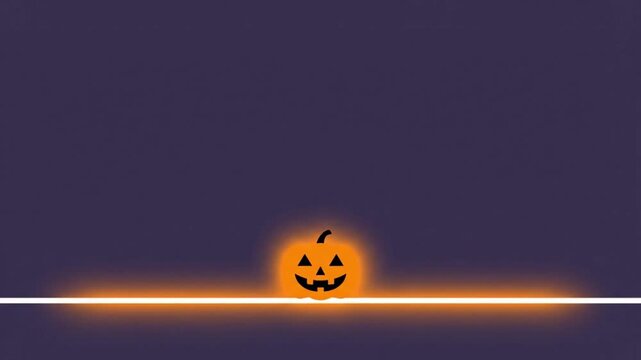 Glowing orange jack o lantern animation traveling across a horizontal line on a deep purple background for motion video clip