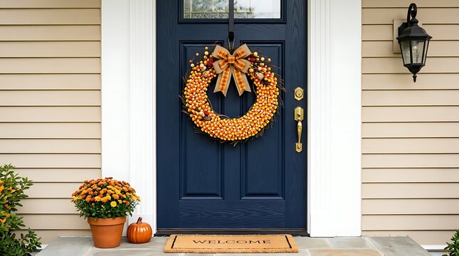 Autumn front door decorated with candy corn wreath, mums, and welcome mat