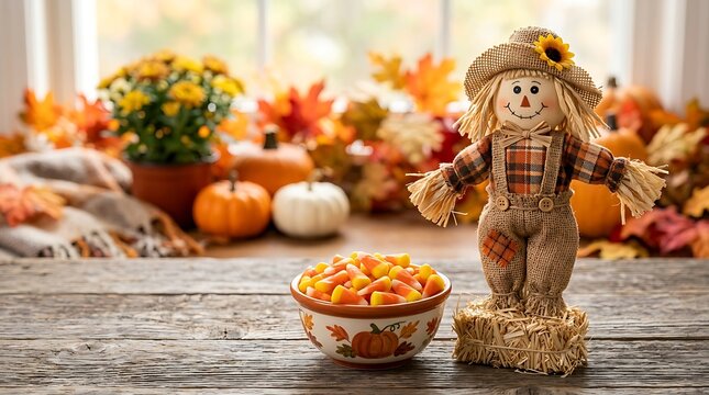 Autumn harvest display with scarecrow, candy corn, pumpkins, fall leaves on a rustic wooden table indoors.