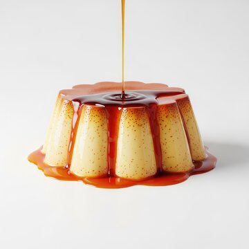 Um pudim de leite condensado perfeito com calda de caramelo brilhante escorrendo, textura cremosa e sem furinhos, iluminado de forma gourmet, advertising, treat, traditional