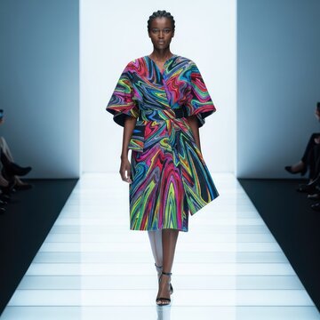 Una sfilata di alta moda con tessuti pregiati, carnagione scura e passi eleganti su una passerella luminosa, mostrando uno stile moderno, seasonal collection, luxury, design