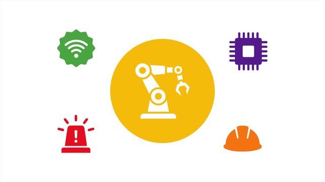 Industrial robot arm animated motion graphic with factory tech icons