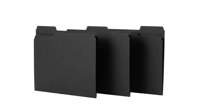 Three black paper document file folders standing straight on png background set