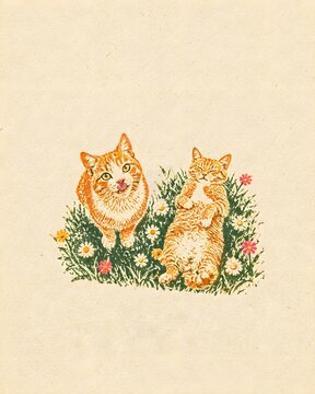 Vintage-style whimsical illustration of two playful orange tabby cats resting and playing in a patch of green grass with small flowers on a cream background.