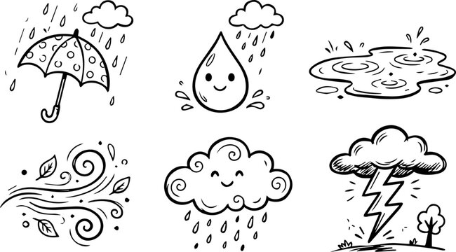 Rain Cloud and Water Drop Doodle Set &ndash; Kawaii Cloud, Weather, Cute Sketch Icons