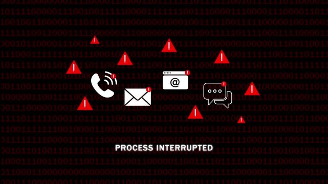 Cyber security alert: process interrupted warning with digital binary code background, data breach system error