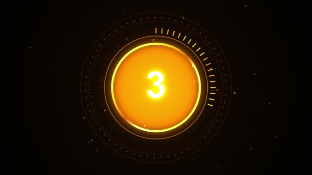 Digital countdown timer showing numbers from 10 to 1 on black background with glowing particles and neon circle.