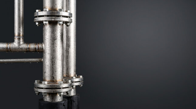Metal pipes with water droplets and bolted flanges in industrial setting