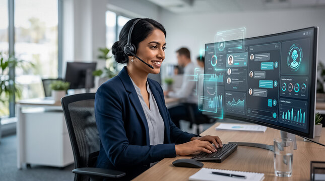 Customer service representative with headset working on computer with AI hologram interface[cite: 12]
