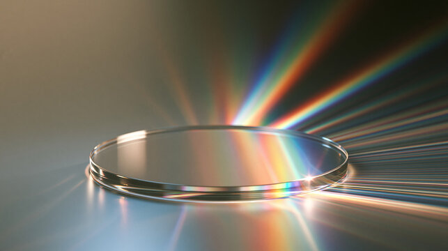 Circular glass crystal refracting vibrant rainbow light rays on surface