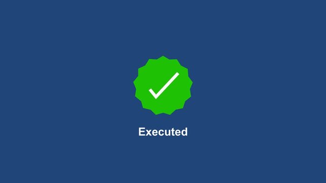 Green checkmark animation with executed text label for success and task completion ui completed