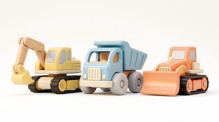Naklejka premium Colorful wooden toy construction vehicles including an excavator a dump truck and a bulldozer rendered in a minimal matte style