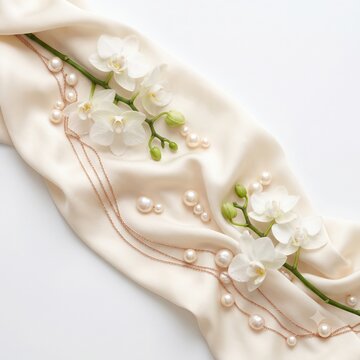 Elegant white orchids and pearls delicate arrangement on soft ivory silk fabric flat lay for luxury wedding or beauty branding.