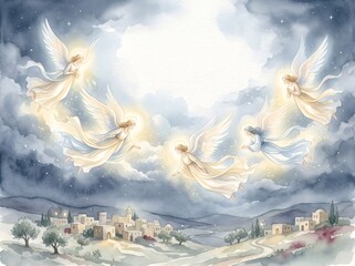 Naklejka premium Angels appearing above Bethlehem village at night
