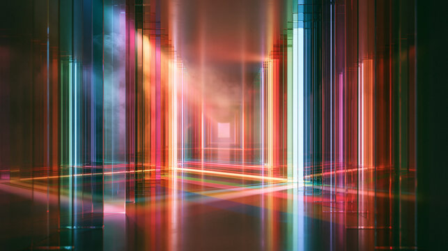 Spectacular rainbow light rays refracting through shimmering abstract glass crystals
