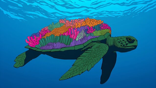 Sea Turtle with Coral Reef Shell