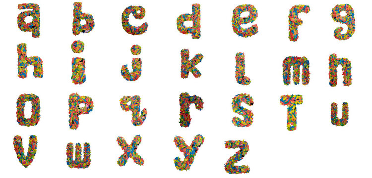 Colorful lowercase alphabet letters in a grid isolated on white background