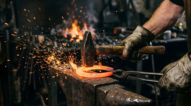 striking glowing blade, bladesmith forging knife, hot steel blade anvil, hammer striking metal, bright sparks shower, knife forging process, custom blade making, blacksmith forge fire, red hot steel b