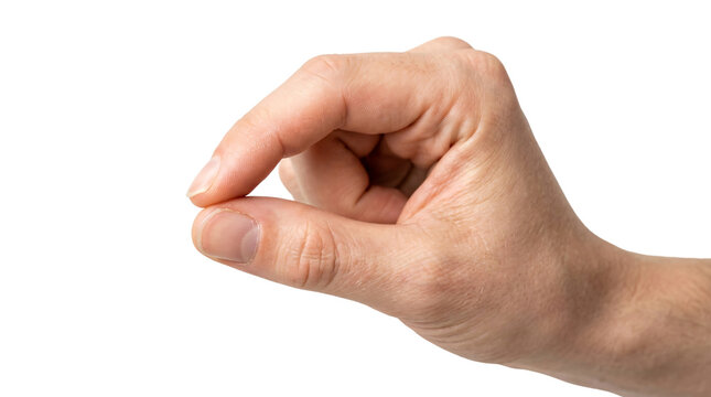 A male hand holds a tiny invisible item between his index finger and thumb to demonstrate a measurement or the concept of a small amount while communicating with someone in a daily conversation