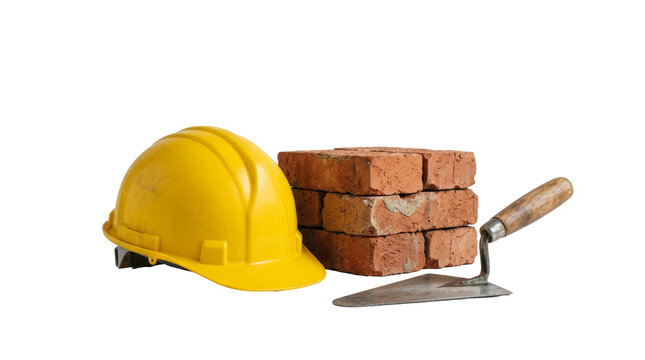 Yellow safety hard hat with red bricks and masonry trowel on png background