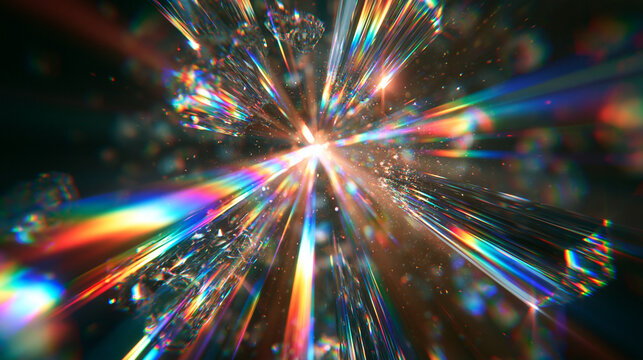 Spectacular rainbow light rays refracting through shimmering abstract glass crystals