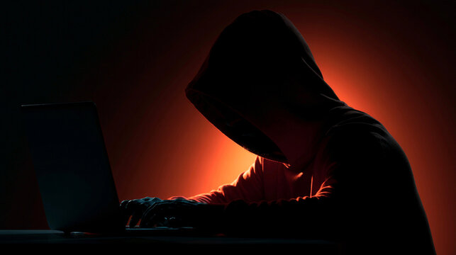 A mysterious figure in a hoodie typing on a laptop against a dark backdrop with an orange glow, symbolizing cyber security, hacking, and online anonymity in the digital age.