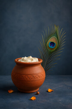 Krishna janmashtami celebration with lord krishna symbolic butter pot and peacock feather arranged on dark blue background with devotional copy space composition