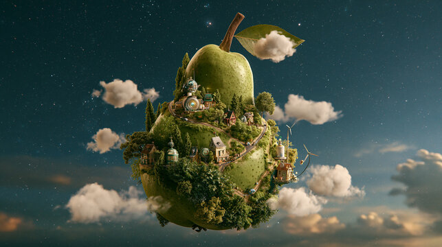 Surreal green pear island with a miniature fantasy forest city