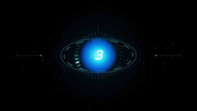 Futuristic digital countdown timer displays numbers 10 to 1 inside glowing blue circle with technological interface.