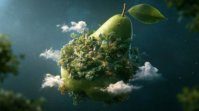 Surreal green pear island with a miniature fantasy forest city