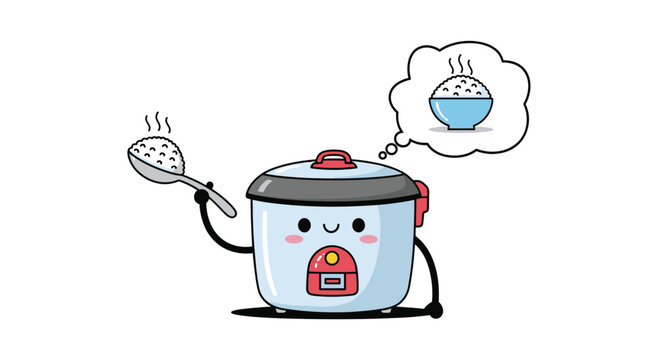 Adorable cartoon rice cooker character holding a spoonful of rice thinks about a steaming bowl of rice in a thought bubble.