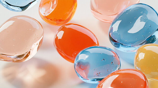 Macro shot of clear liquid bubbles on light blue background