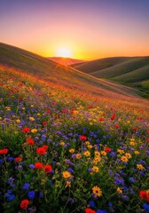 Obraz premium Vivid wildflowers blanket a lush rolling hillside during a golden sunset, creating a peaceful and colorful scene in the great outdoors, vivid, environment, sunlight