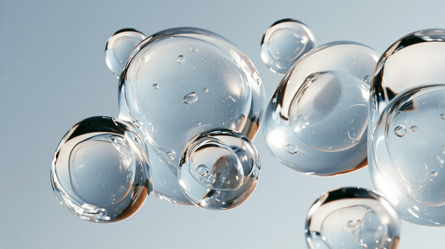 Macro shot of clear liquid bubbles on light blue background