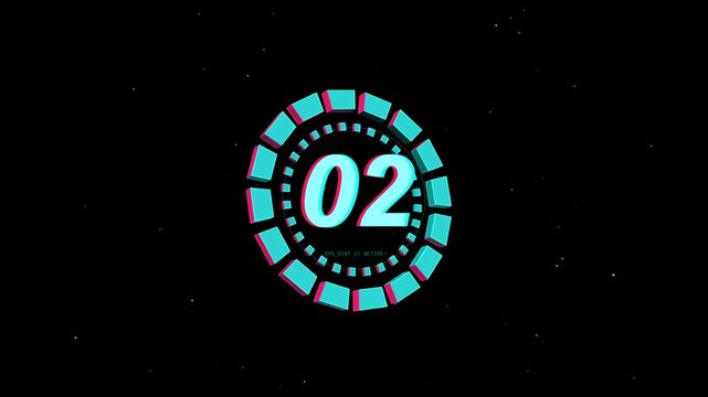 Futuristic digital countdown timer with neon cyan and pink glitch effects featuring rotating hud circle and glowing numbers on black space background for intro.