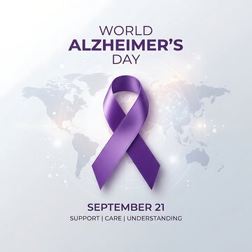 World alzheimers day awareness poster with a purple ribbon on a world map background