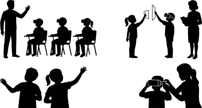 Silhouettes of students and teachers using virtual reality headsets in a classroom setting