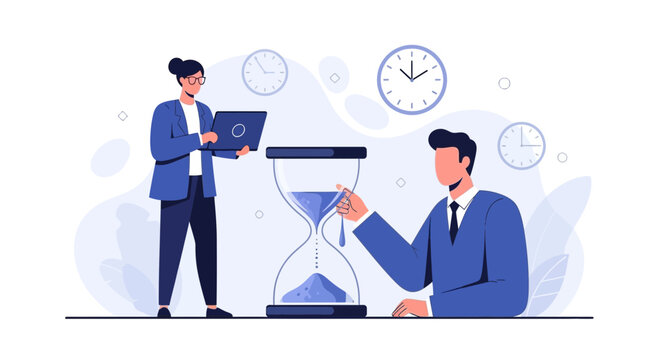 Business people managing time with hourglass and laptop, concept of deadlines, productivity and project management