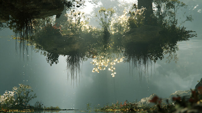 Mystical floating garden with glowing light and roots over mist
